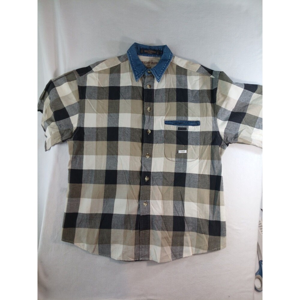 Tryday Club Plaid Button Up Shirt Mens Large Denim Collar Cotton Casual